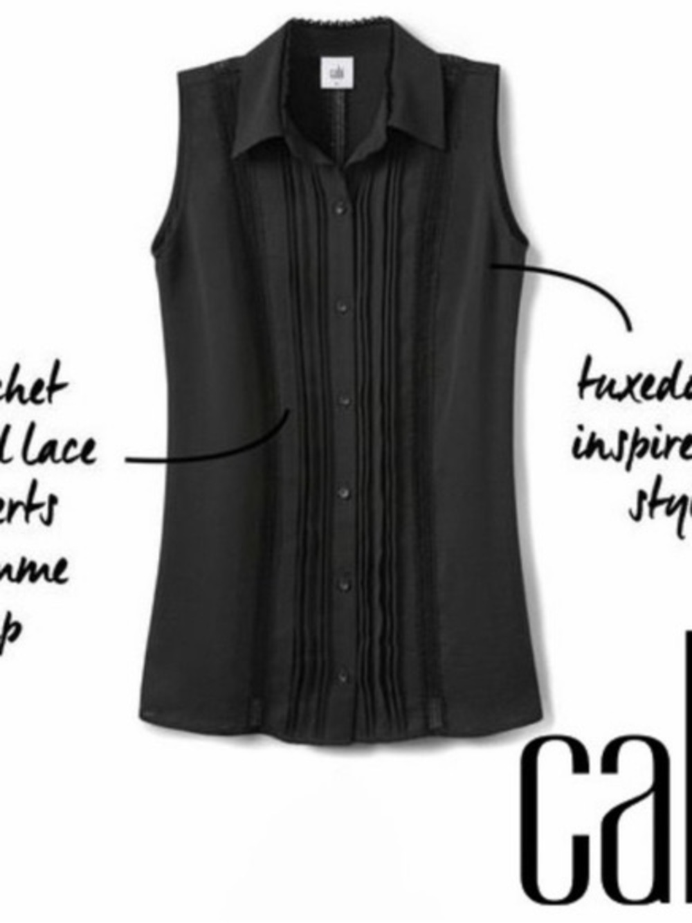 Cabi Sleeveless Black Jagger Pintuck Button-Front Top